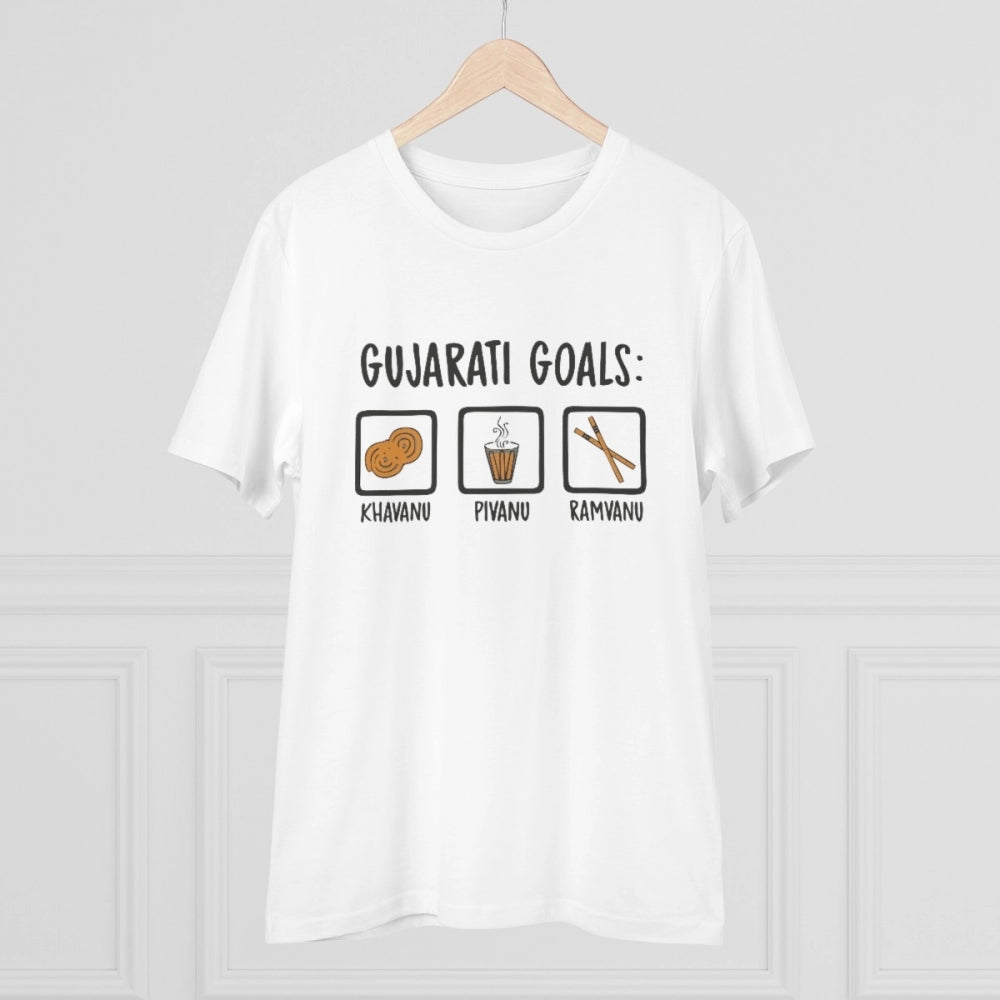 White PC Cotton Gujarati Goals T-Shirt (Half Sleeve, Round Neck), casual men's wear on model