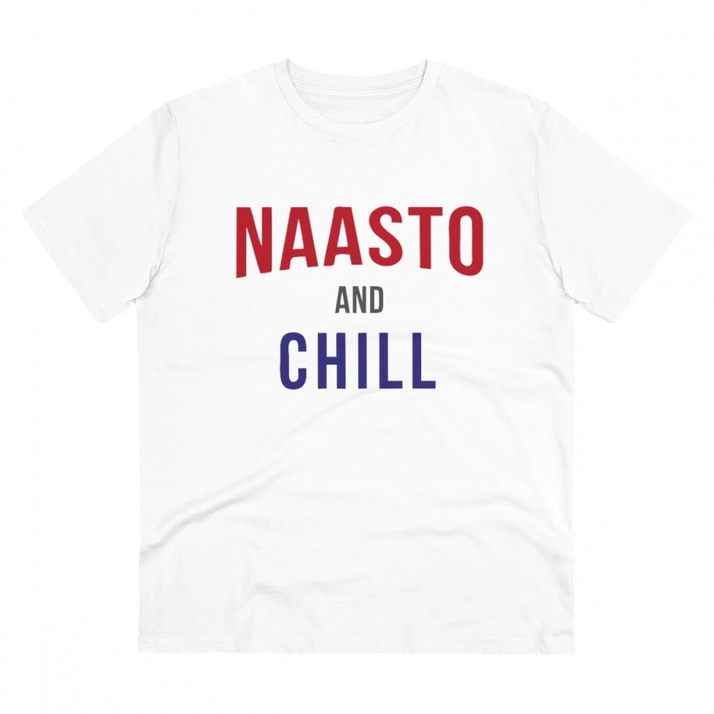 White PC Cotton Nasto And Chill printed men's t-shirt with half sleeves and round neck, casual occasion wear on display