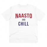 White PC Cotton Nasto And Chill printed men's t-shirt with half sleeves and round neck, casual occasion wear on display