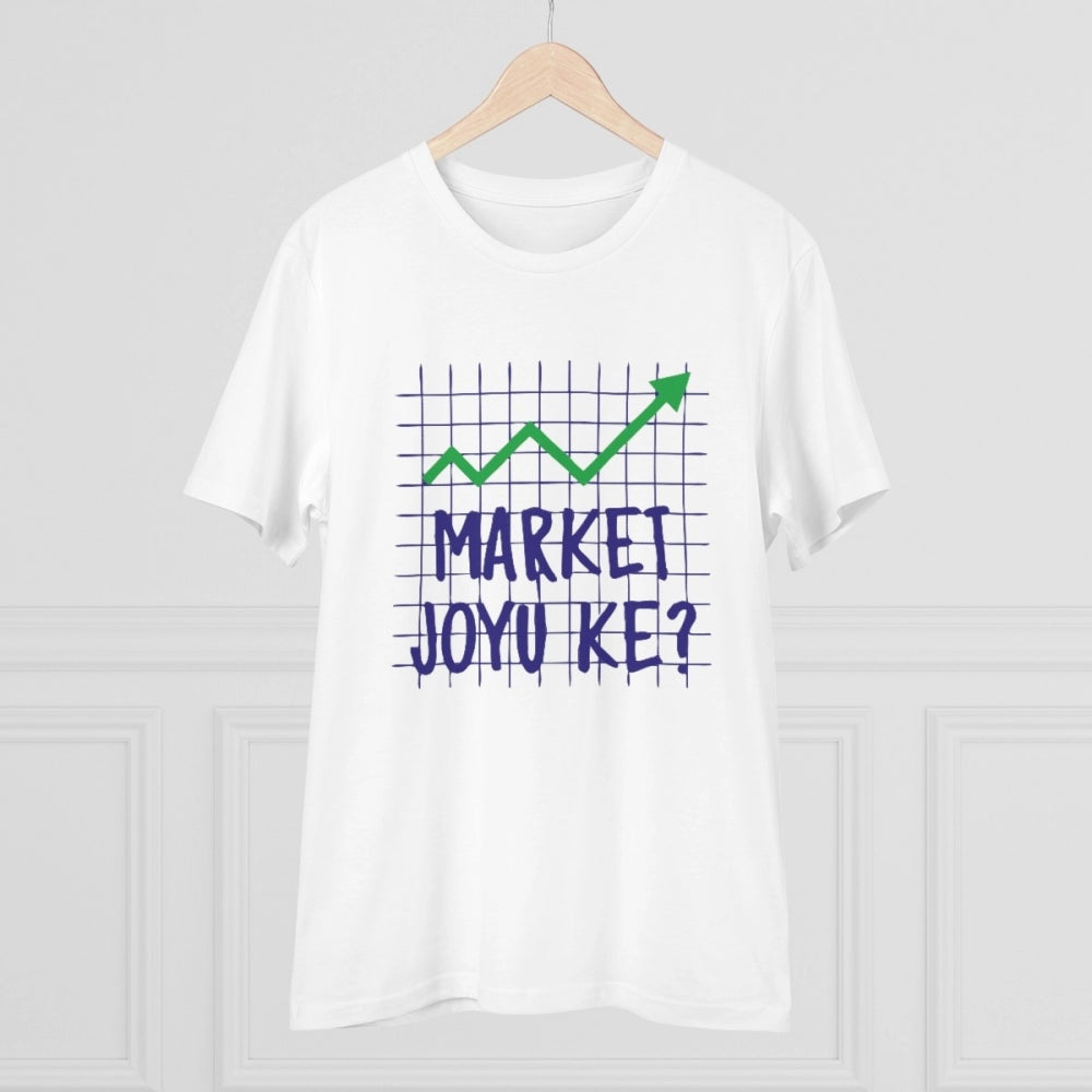 White PC Cotton Market Joyu Che Printed T-Shirt (180GSM), men's casual wear half sleeve round neck shirt on display