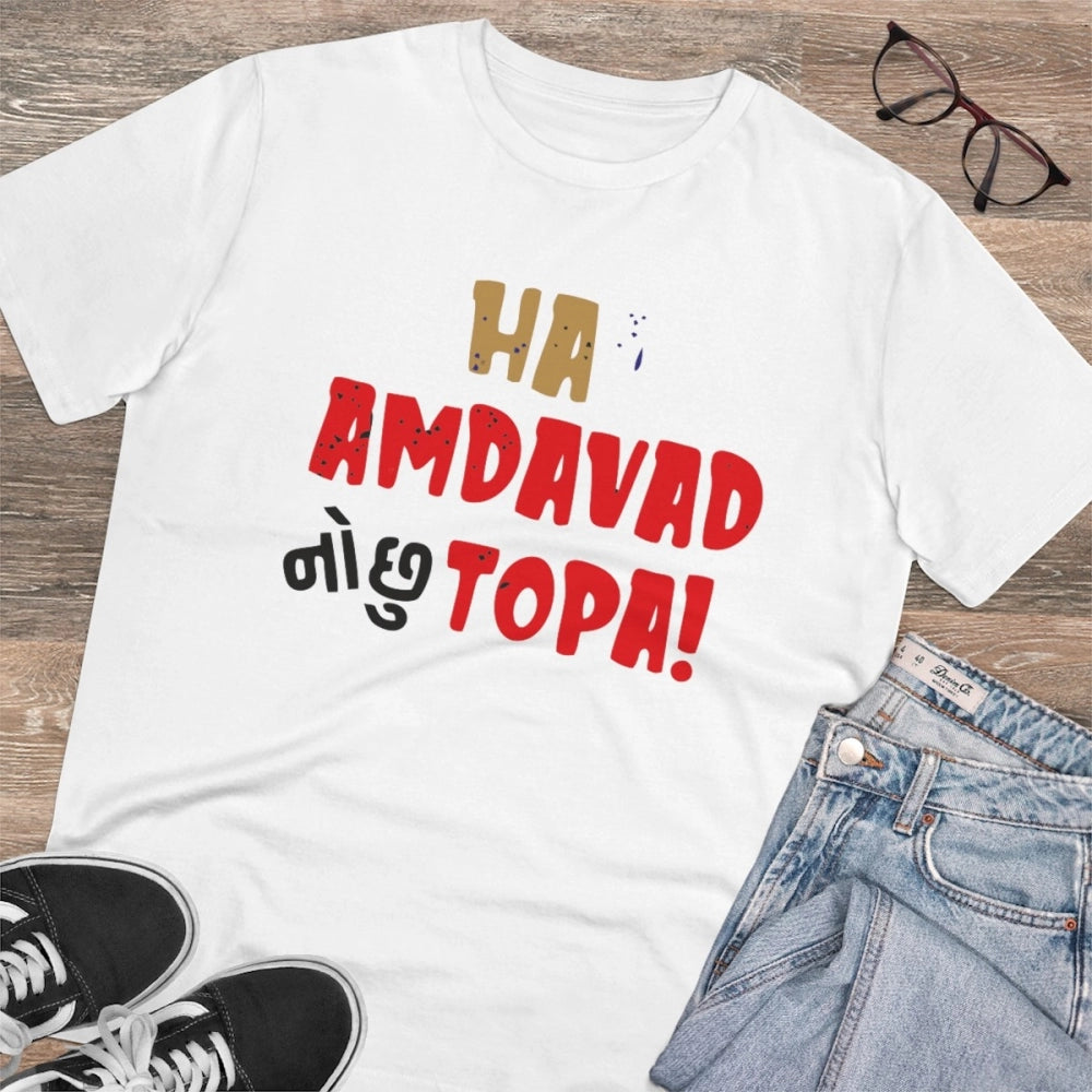 White PC Cotton Ha Amdavad No Chu Topa Printed Men's Half Sleeve T-Shirt (180GSM) - Casual wear, round neck style