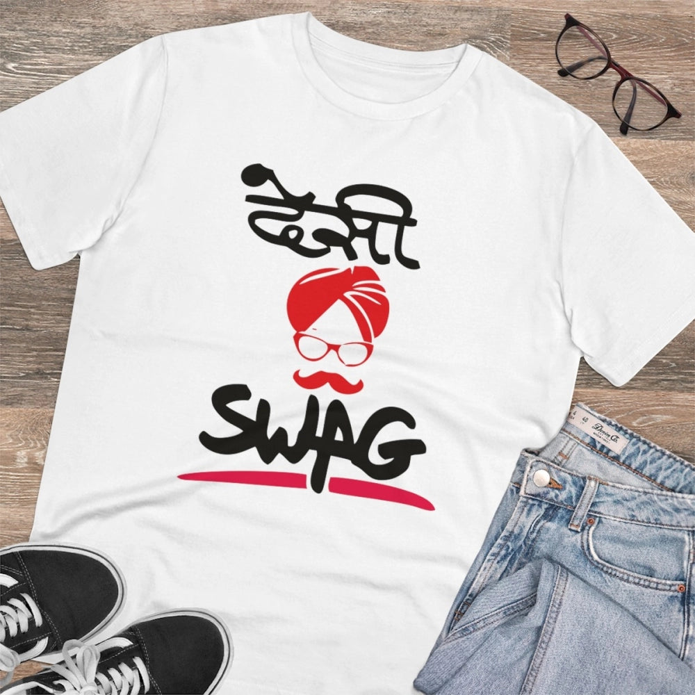 White PC Cotton Desi Swag T-Shirt (180GSM), men's casual wear with half sleeves and round neck