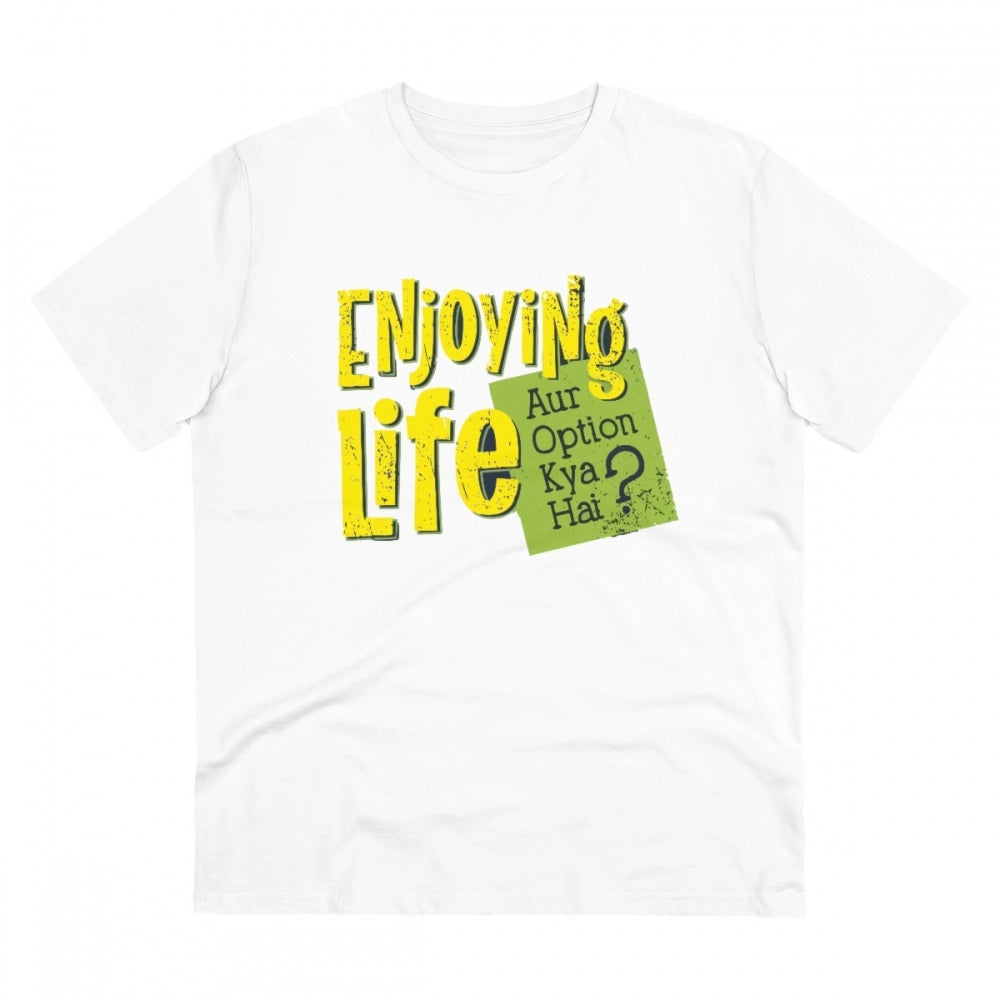 White PC Cotton men's T-shirt with "Enjoying Life" print, half sleeve and round neck, 180GSM thread count for casual occasions