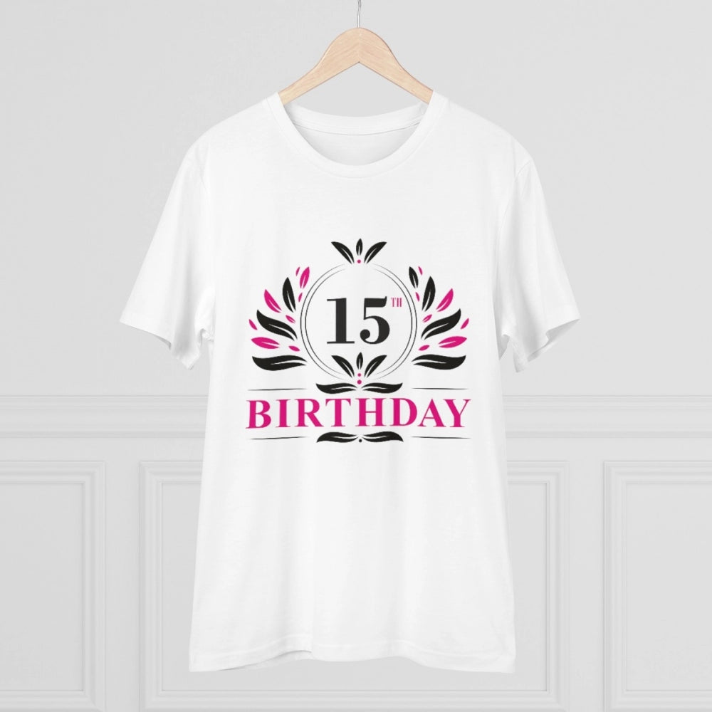 White PC Cotton Men's 15th Birthday Printed Half Sleeve T-Shirt (Round Neck), 180GSM thread count