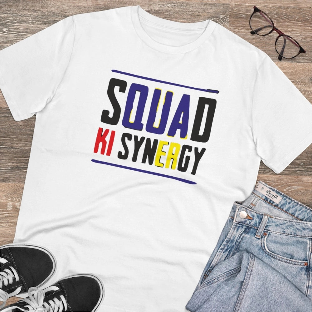 White PC Cotton Squed Ki Syneagy Printed T-Shirt (180GSM), men's casual wear with half sleeves and round neck on a clothing rack