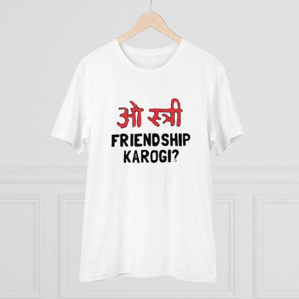 White PC Cotton Men's Oo Shtree Friendship Karogi Kya Printed Half-Sleeve T-Shirt (180GSM)