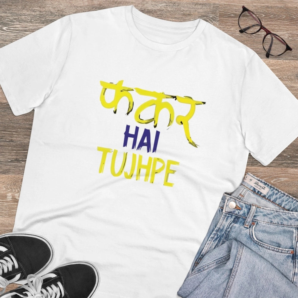 Men's white PC Cotton Phakar Hai Tuhjpe Printed Half Sleeve Round Neck T-Shirt (180GSM), casual wear on model