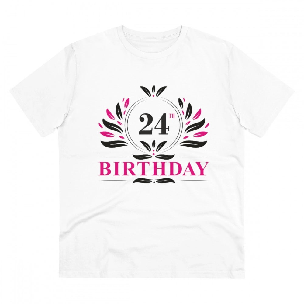 White PC cotton 24th birthday printed men's t-shirt with half sleeves and round neck, 180GSM thread count