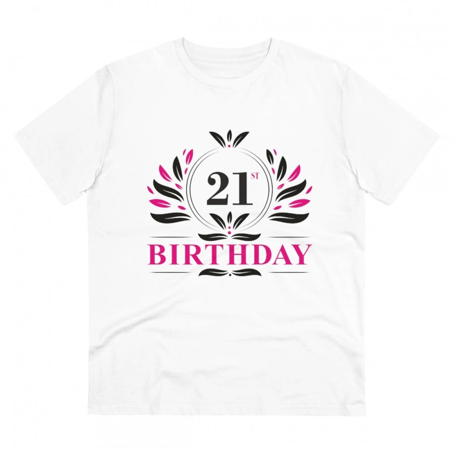 White PC Cotton Men's 21st Birthday Printed Half-Sleeve T-Shirt (Thread Count: 180GSM), casual wear