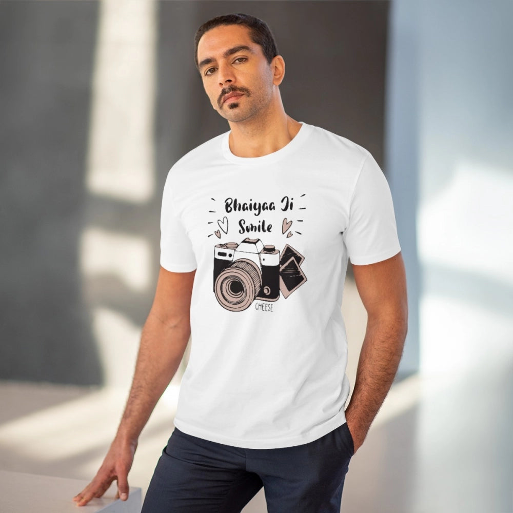 White PC Cotton Bhaiya Ji Smile Printed Men's T-Shirt (180GSM), half sleeve, round neck design for casual occasions
