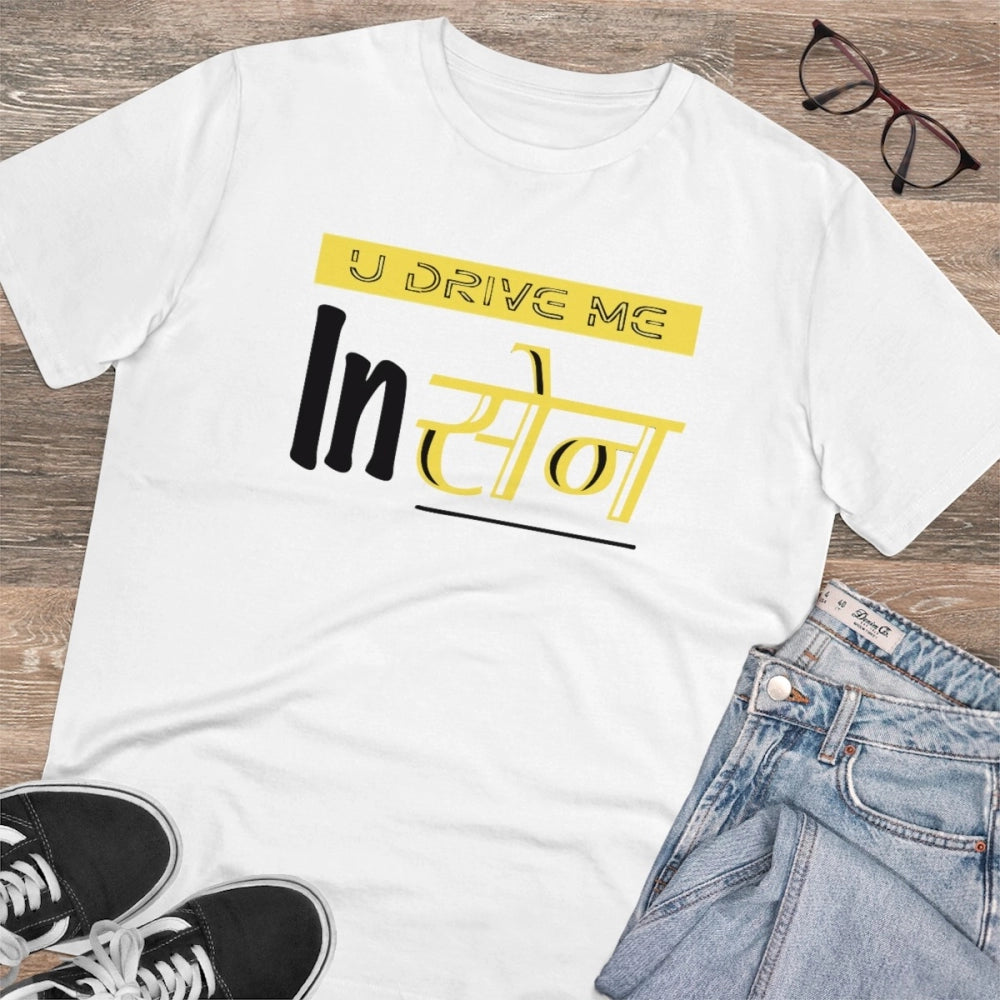 White PC Cotton U Drive Me In Sen Printed T-Shirt (180GSM), men's casual wear with half sleeves, round neck design on display stand