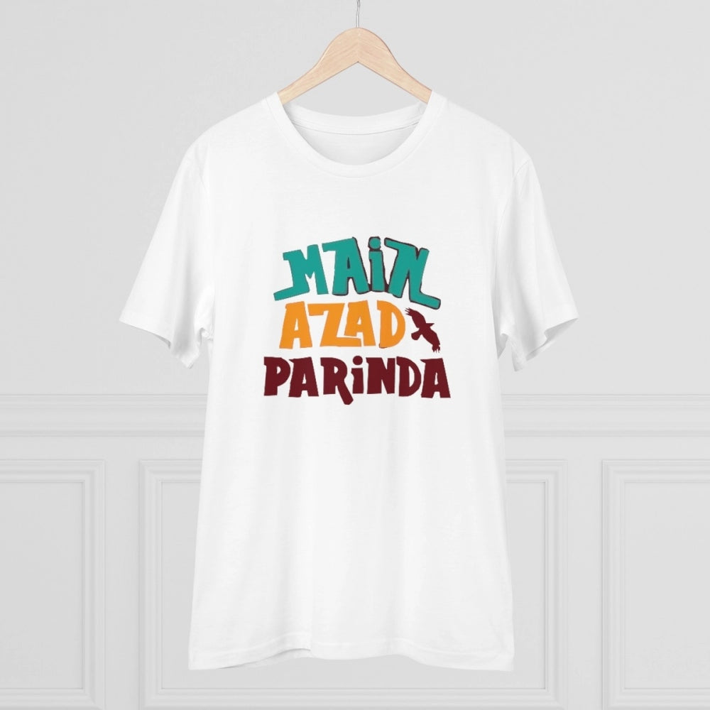 White PC Cotton Men's Azad Parinda Printed Half Sleeve T-Shirt (180GSM), casual wear with round neck on display