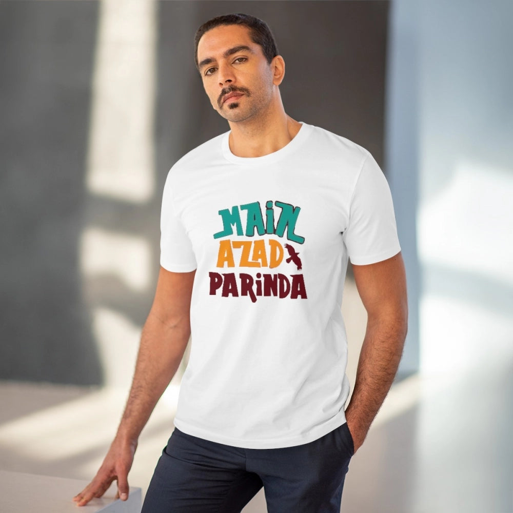 White PC Cotton Men's Azad Parinda Printed Half-Sleeve T-Shirt (180GSM), casual wear on mannequin