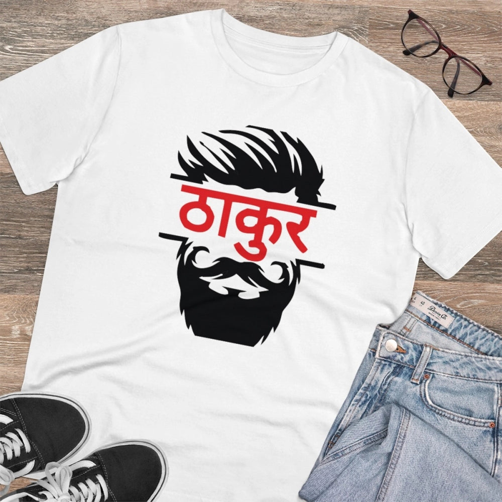 White PC Cotton Thakur Printed Men's Half Sleeve T-Shirt (180GSM), casual wear on model