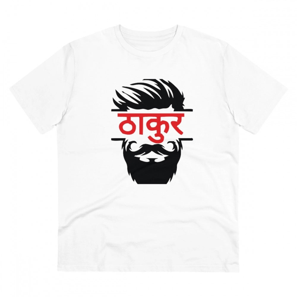 White PC Cotton Thakur Printed Men's T-Shirt (Half Sleeve), 180GSM thread count, casual occasion