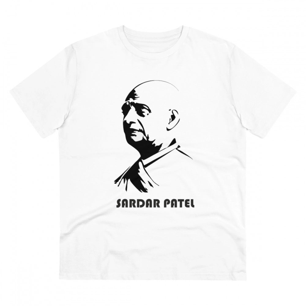 White PC Cotton Men's Sardar Patel Printed Half Sleeve T-Shirt (180GSM), casual wear on mannequin