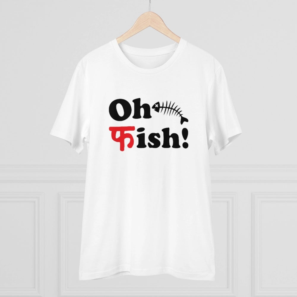 White PC Cotton Men's Oh Fish Printed Half-Sleeve T-Shirt (180GSM), casual wear with round neckline