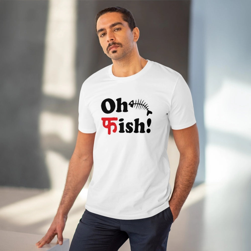 White PC Cotton Oh Fish Printed Men's T-Shirt, half sleeve, round neck, 180GSM thread count