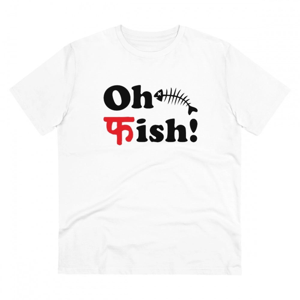 White PC Cotton men's Oh Fish printed half sleeve T-shirt, casual wear for summer