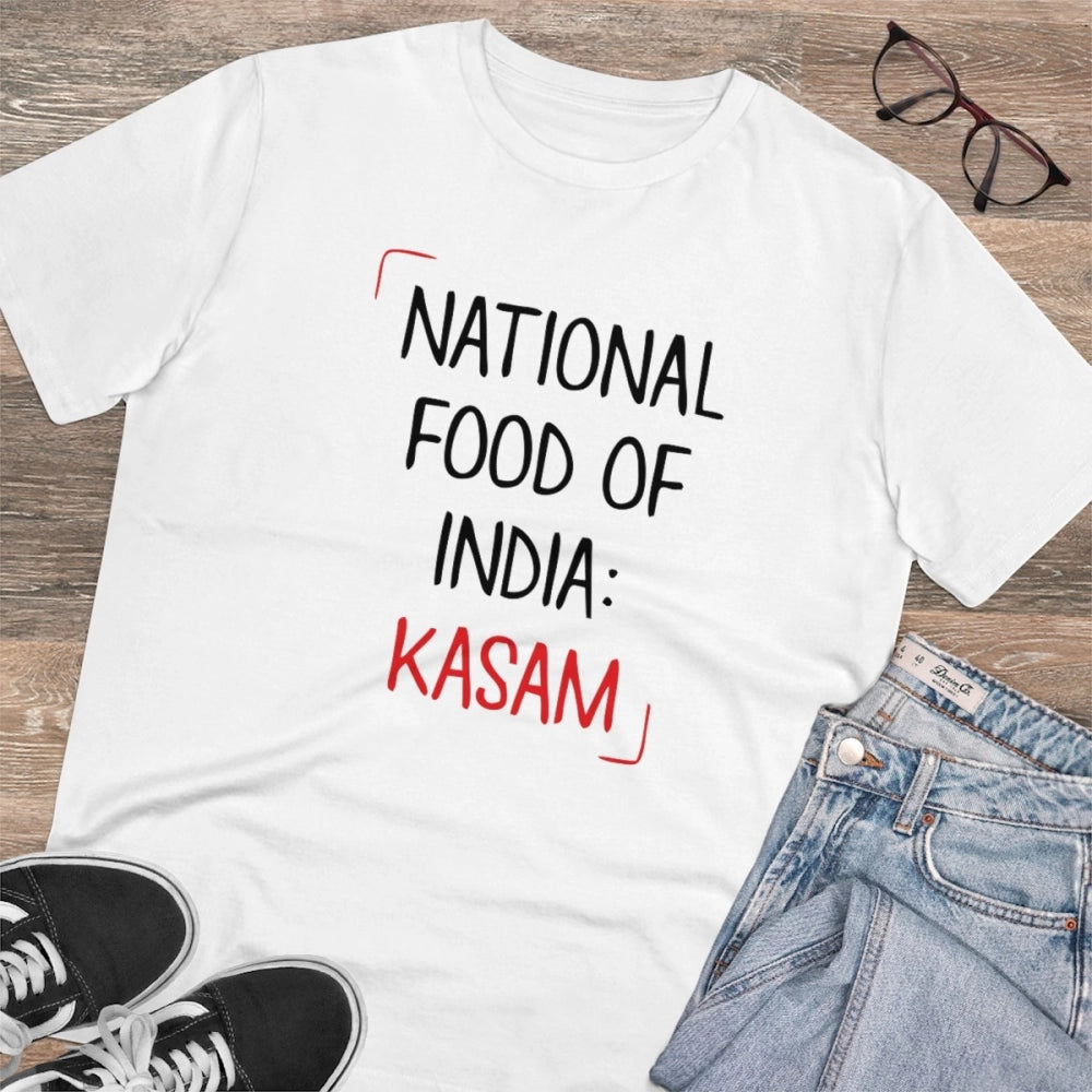 White PC Cotton India Kasam Printed Men's T-Shirt (180GSM), half sleeve, round neck, casual occasion