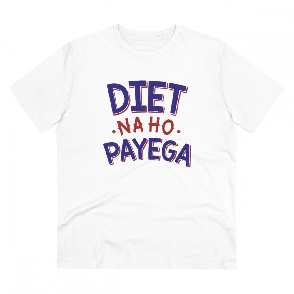 White PC Cotton Diet Na Ho Payega printed men's t-shirt (180GSM), casual wear with half sleeves and round neck