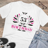 White PC Cotton 53rd Birthday Printed T-Shirt (Half Sleeve, Round Neck) on model, casual occasion wear