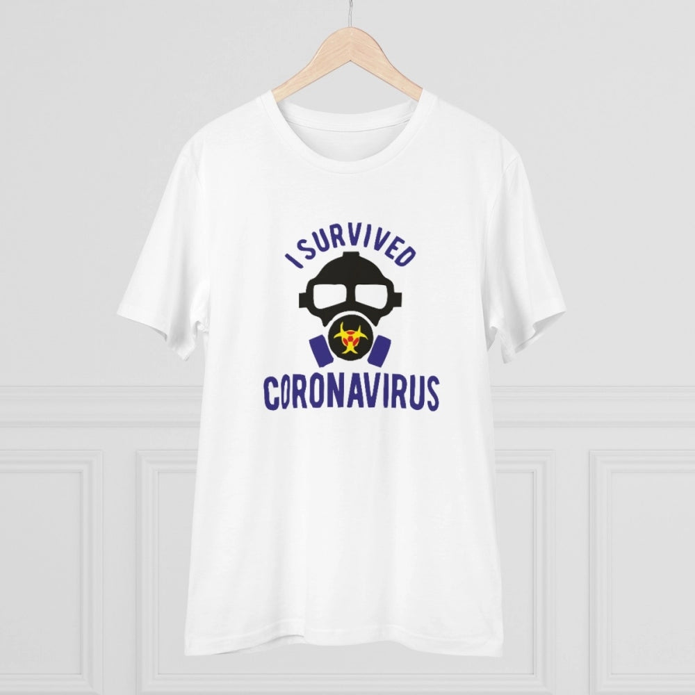 White PC Cotton men's T-shirt with "I Survived Coronavirus" print, half sleeve, round neck design for casual occasions