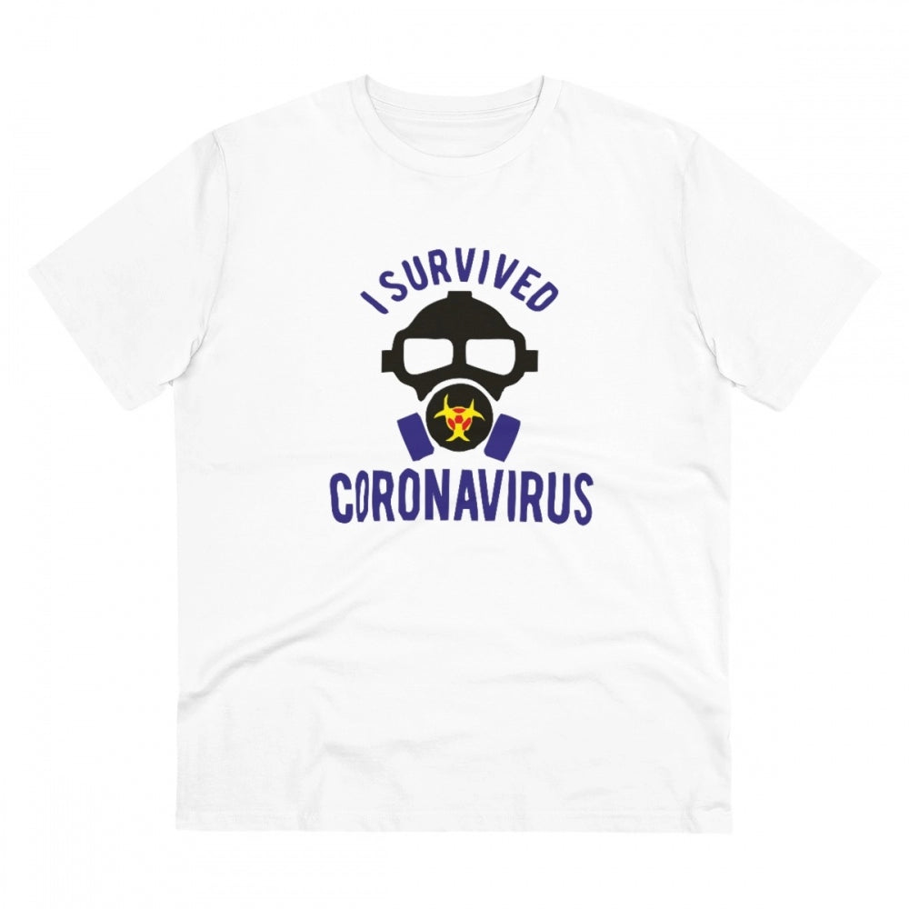 Men's white PC cotton 'I Survived Coronavirus' printed t-shirt with half sleeve and round neck, casual occasion