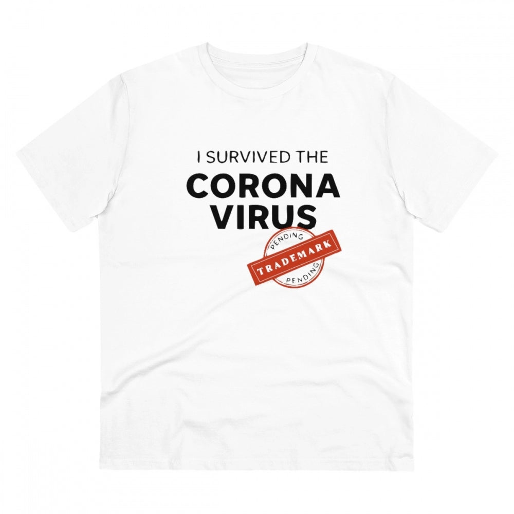 Men's white PC Cotton 'I Survived Corona Virus' printed half sleeve T-shirt (180GSM), casual occasion wear
