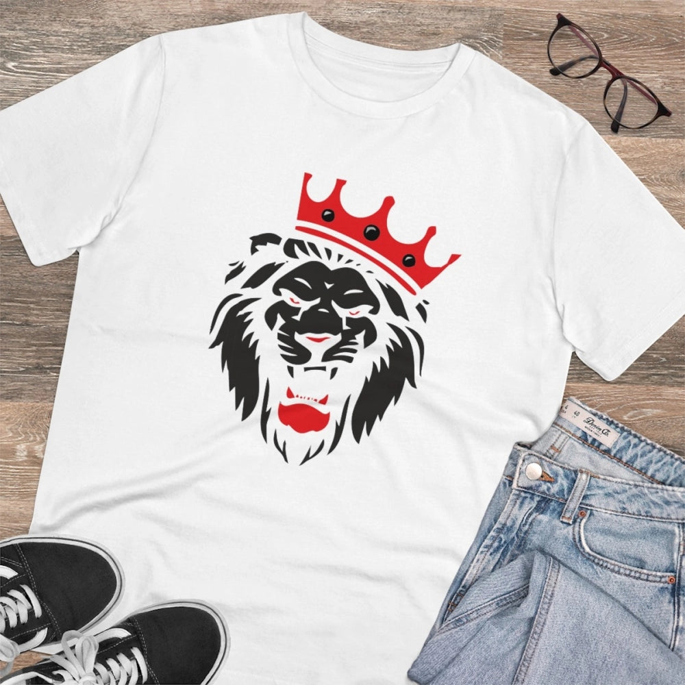 Men's white PC cotton lion logo printed half sleeve T-shirt (180GSM), casual wear
