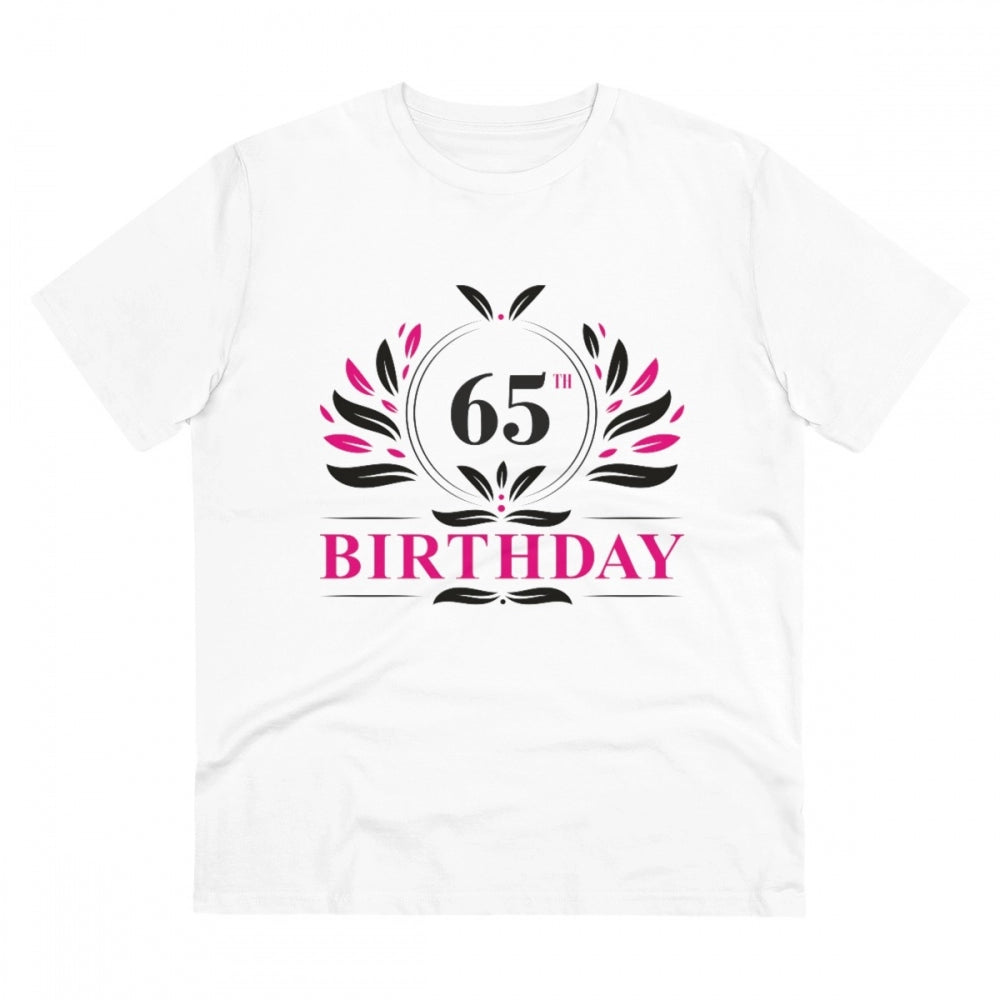 White PC Cotton Men's 65th Birthday Printed Half Sleeve T-Shirt, round neck, 180GSM thread count for casual occasions