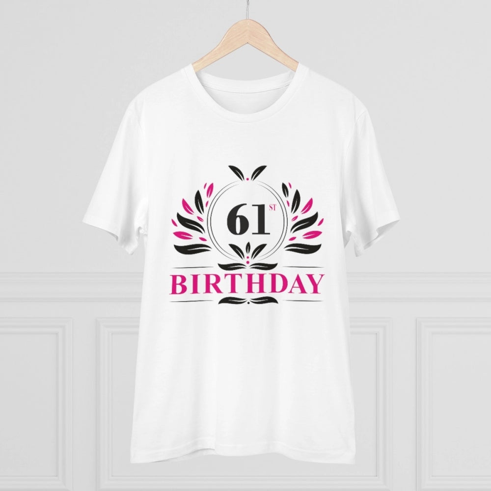 White PC Cotton Men's 61st Birthday Printed Half Sleeve T-Shirt, 180GSM thread count, casual occasion