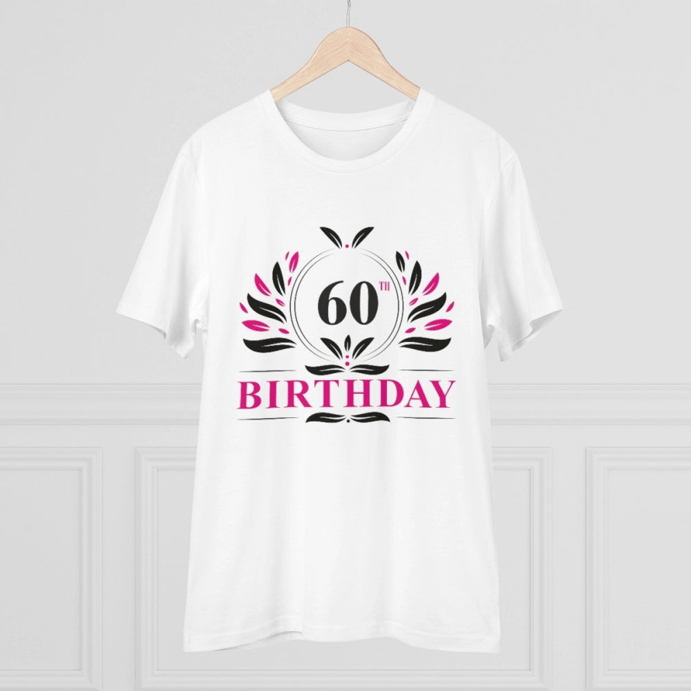 White PC Cotton 60th Birthday Printed T-Shirt (180GSM), men's casual wear with half sleeves and round neck, birthday gift on display