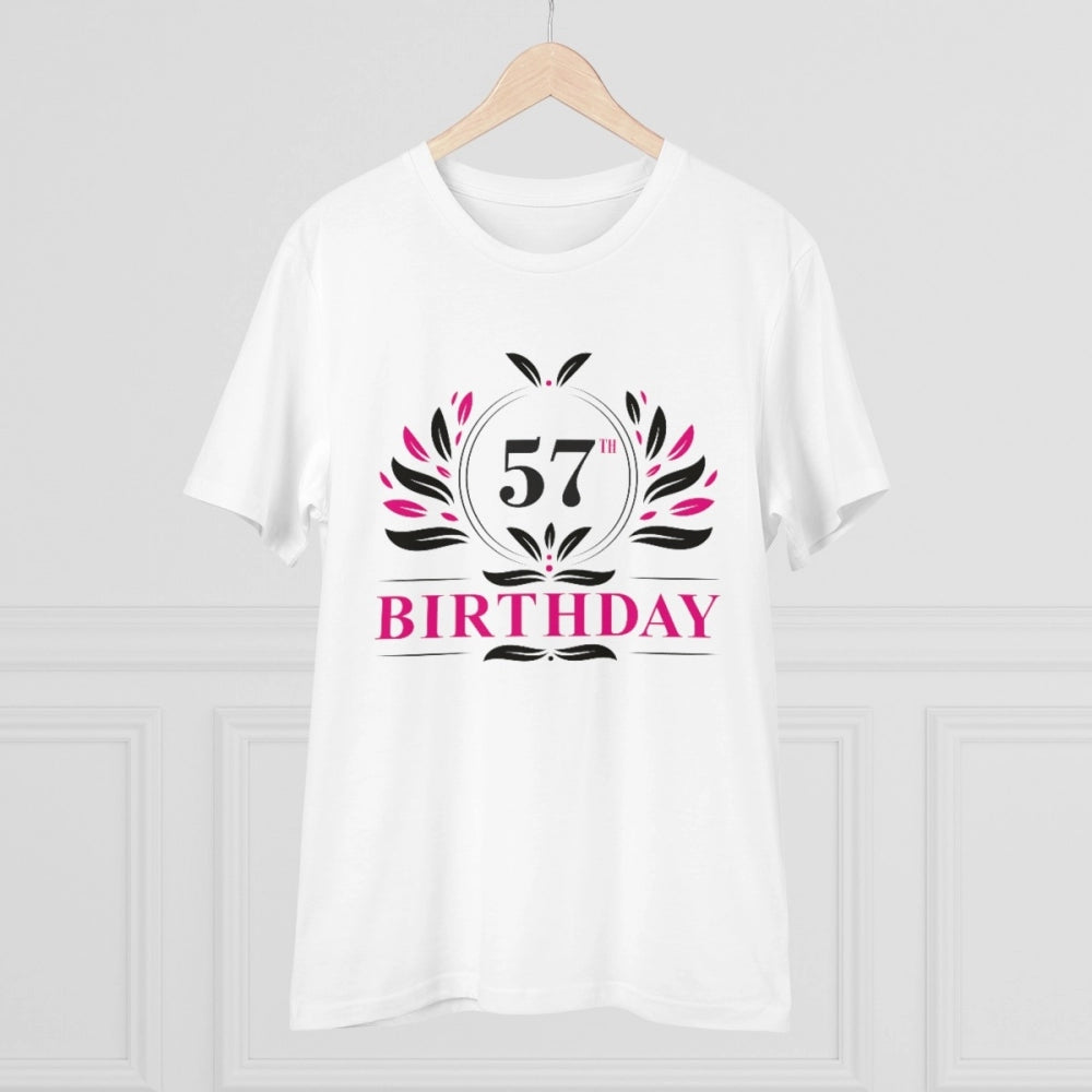 White PC Cotton Men's 57th Birthday Printed Half Sleeve T-Shirt, round neck, 180GSM thread count