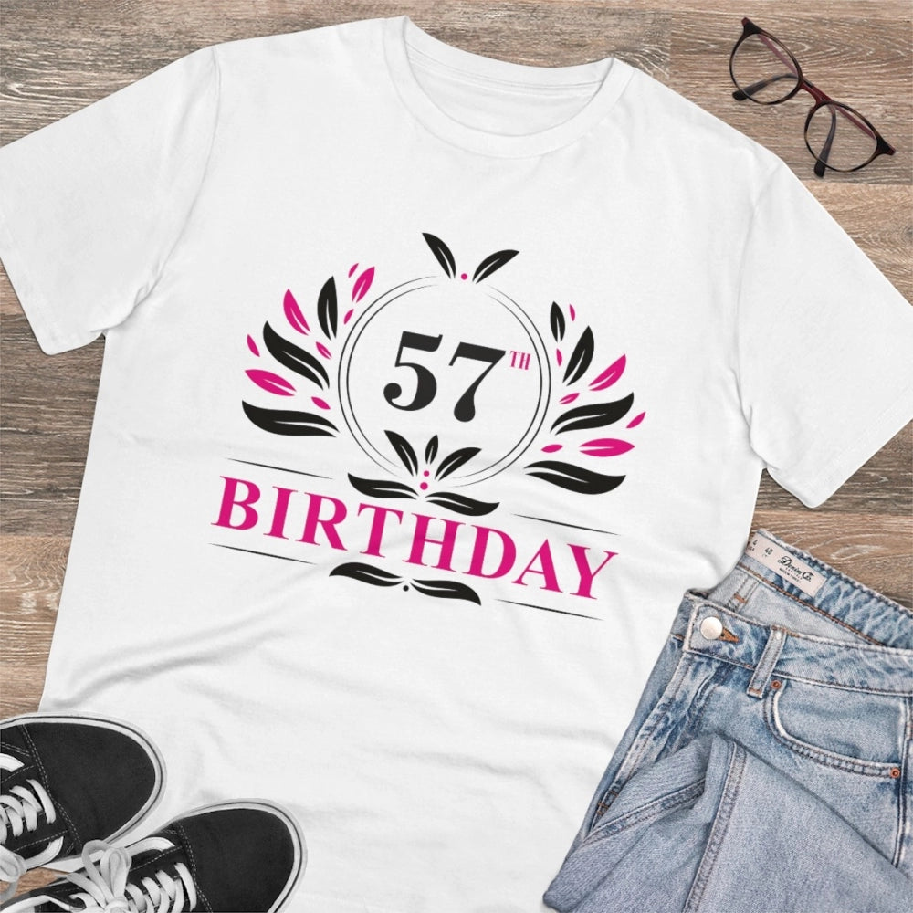White PC cotton 57th birthday printed men's t-shirt with half sleeves and round neck, 180GSM thread count