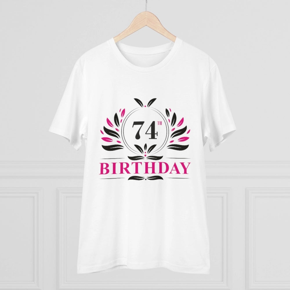 White PC cotton 74th birthday printed half sleeve t-shirt for men, round neck style, 180GSM thread count