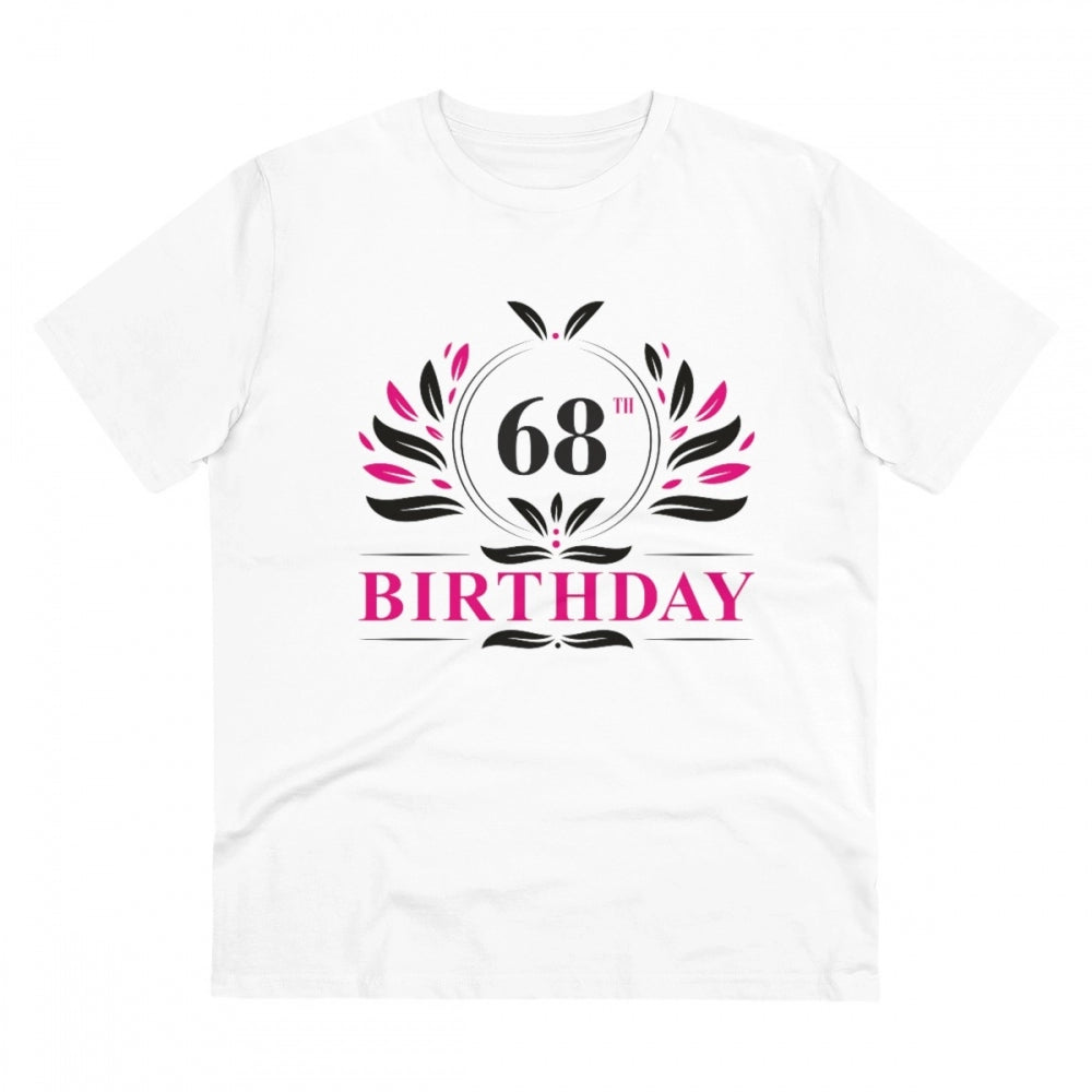 Men's white PC cotton 68th birthday printed half sleeve t-shirt with round neck, 180GSM thread count