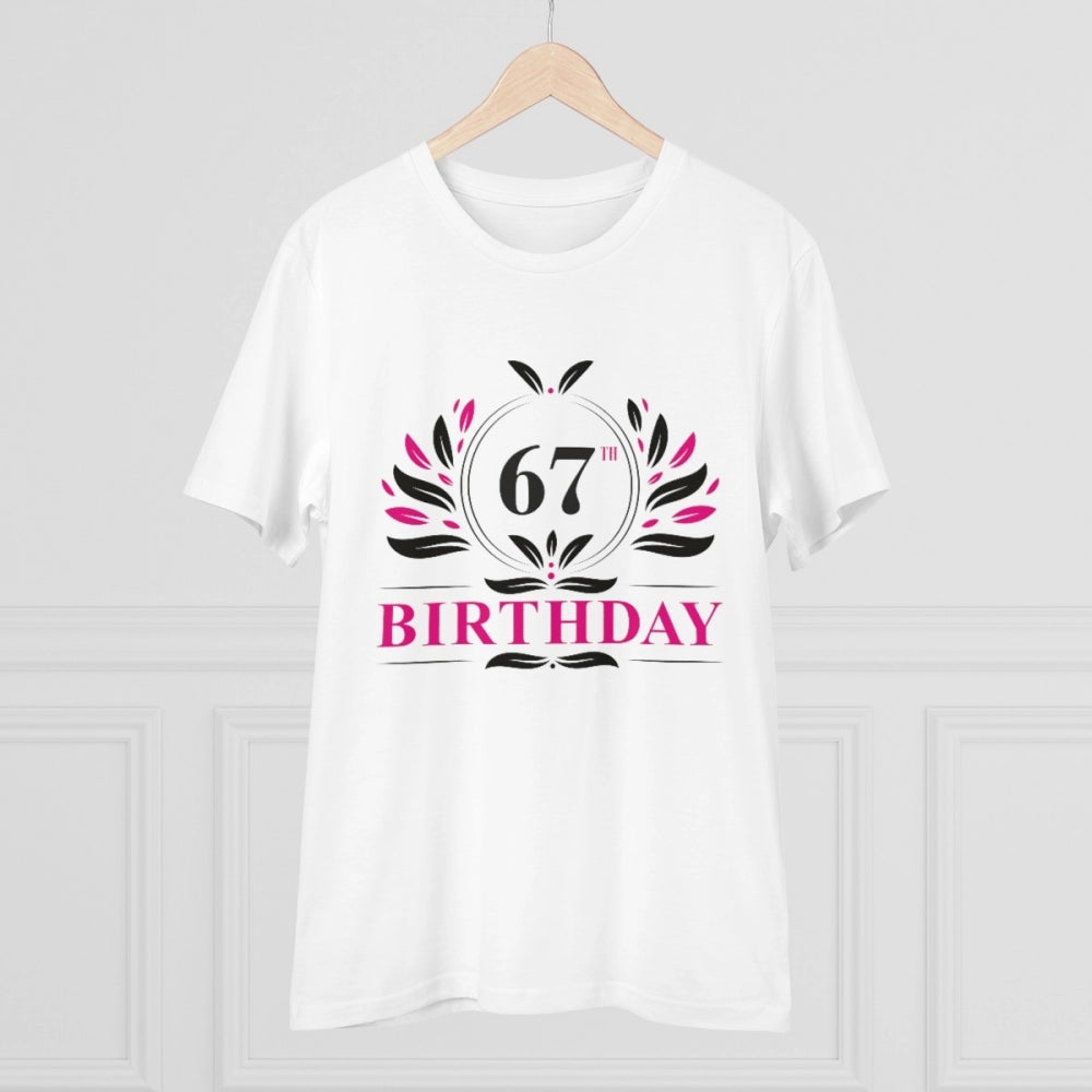 White PC Cotton Men's 67th Birthday Printed Half Sleeve T-Shirt, round neck, 180GSM thread count for casual occasions