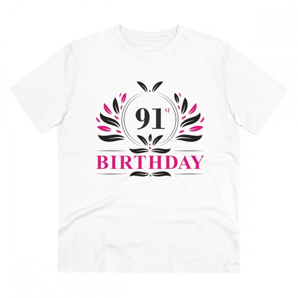 White PC Cotton 91st Birthday Printed T-Shirt (Half Sleeve, Round Neck), men's casual wear for birthday celebrations