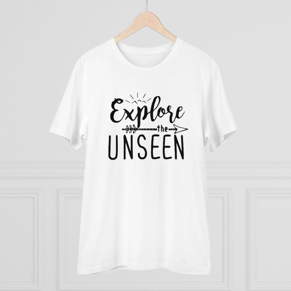 White PC Cotton "Explore The Unseen" men's half sleeve t-shirt, casual occasion wear with round neckline (180GSM thread count)