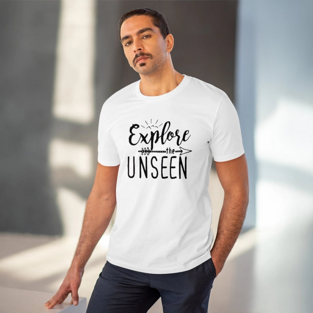White PC Cotton men's T-shirt, 'Explore The Unseen' print design for casual occasions