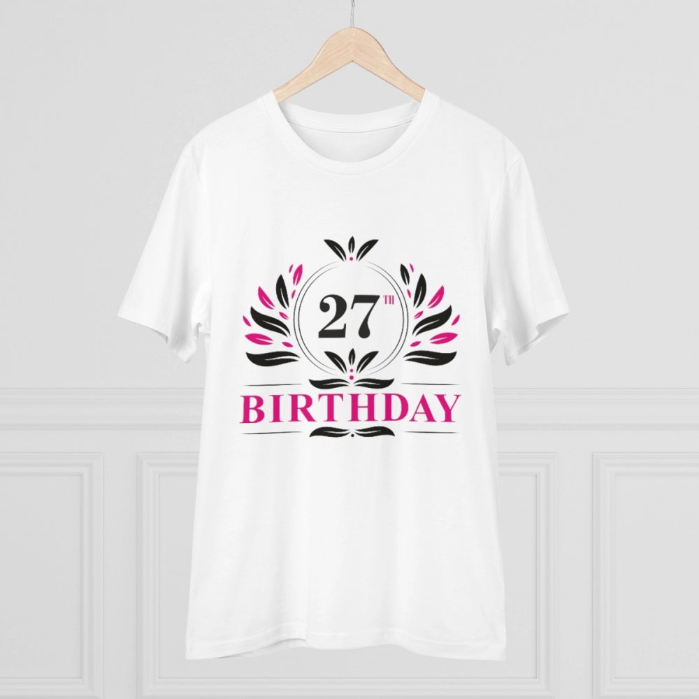 White PC Cotton Men's 27th Birthday Printed Half Sleeve T-Shirt with round neck, ideal for casual occasions