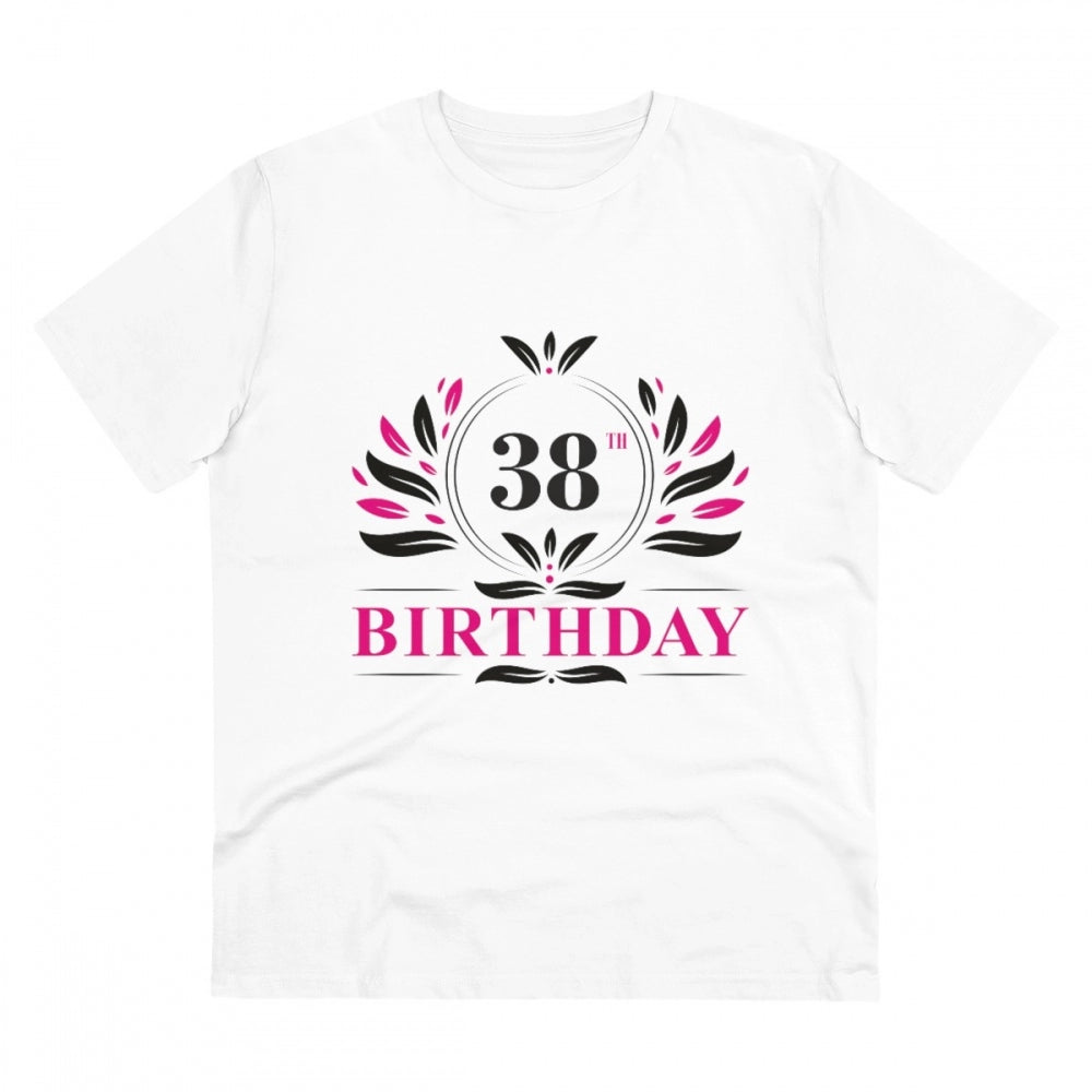 White PC Cotton Men's 38th Birthday Printed Half Sleeve T-Shirt with Round Neck, ideal for casual occasions