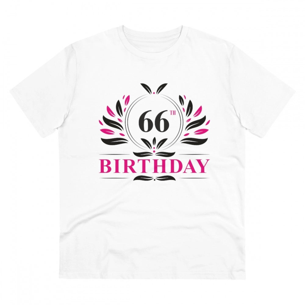 White PC Cotton men's 66th birthday printed half-sleeve round neck T-shirt (180GSM), casual occasion wear