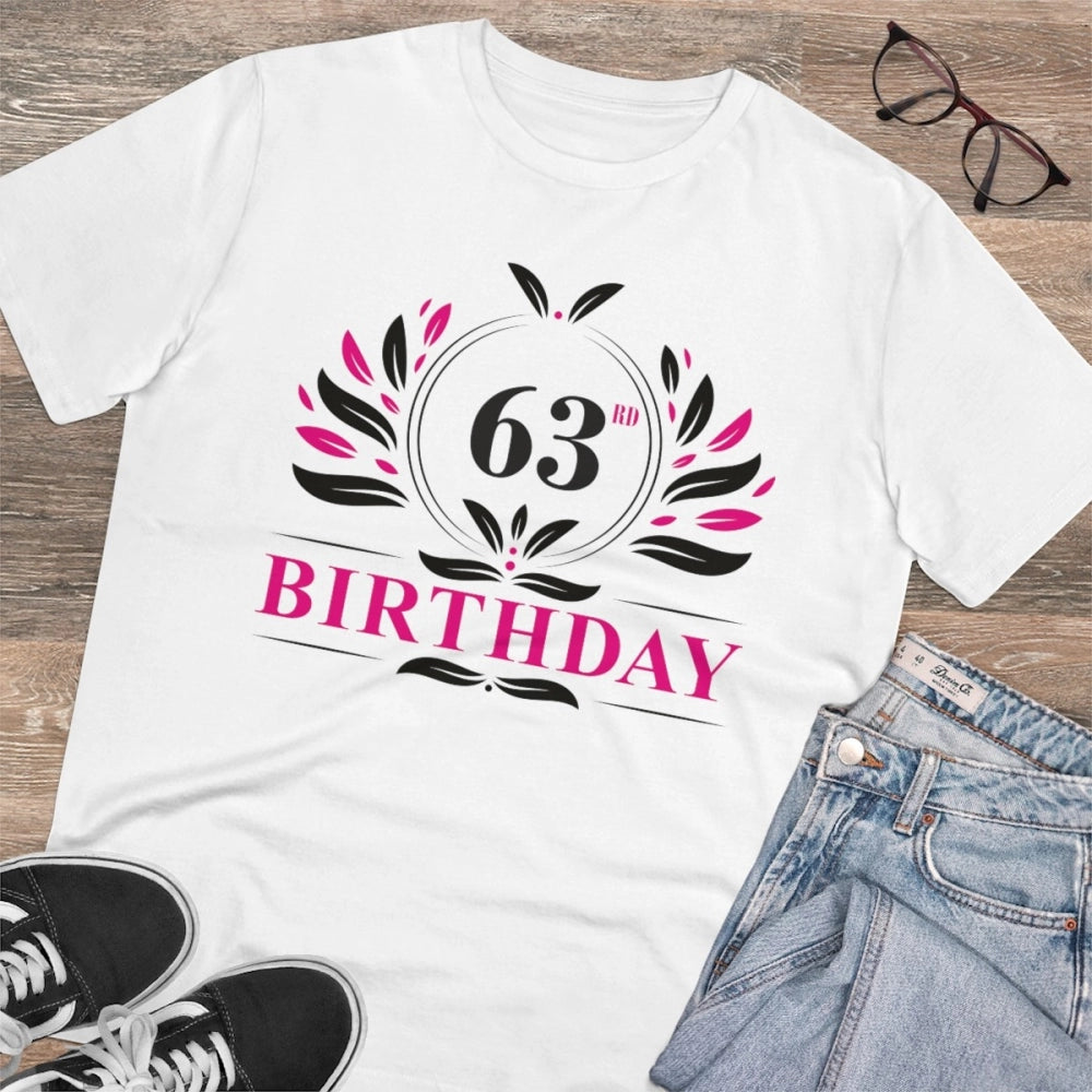 White PC Cotton 63rd Birthday Printed T-Shirt (Half Sleeve, Round Neck), 180GSM for men's casual wear