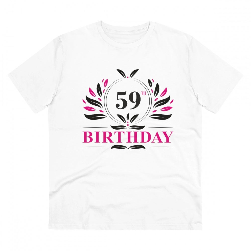 White PC cotton 59th birthday printed men's t-shirt with half sleeves and round neck, thread count 180GSM for casual occasions