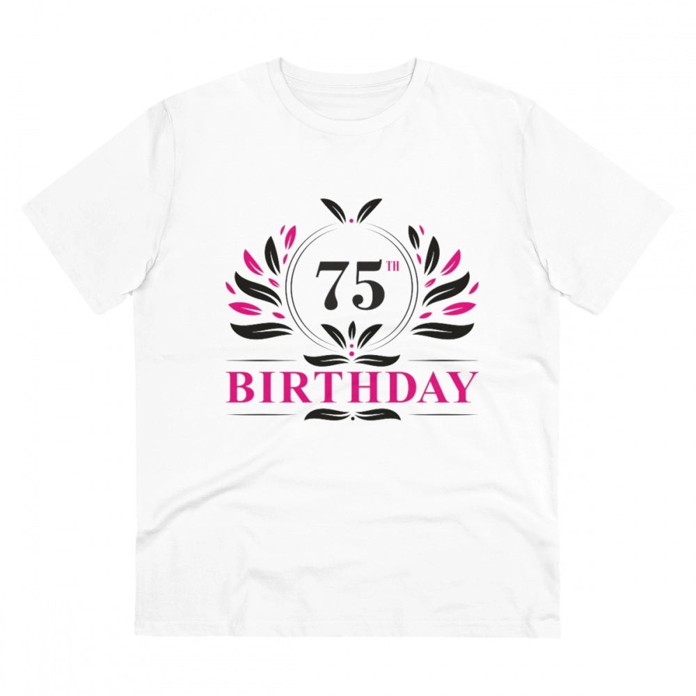 White PC Cotton 75th Birthday T-shirt with half sleeves and round neck, 180GSM thread count for men's casual wear