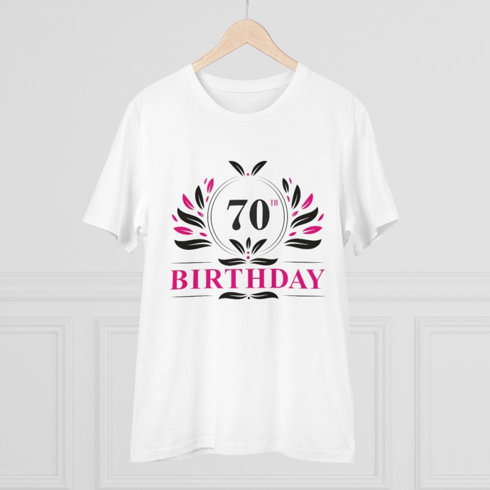 White PC Cotton Men's 70th Birthday Printed Half Sleeve T-Shirt, high-quality thread count of 180GSM for casual occasions