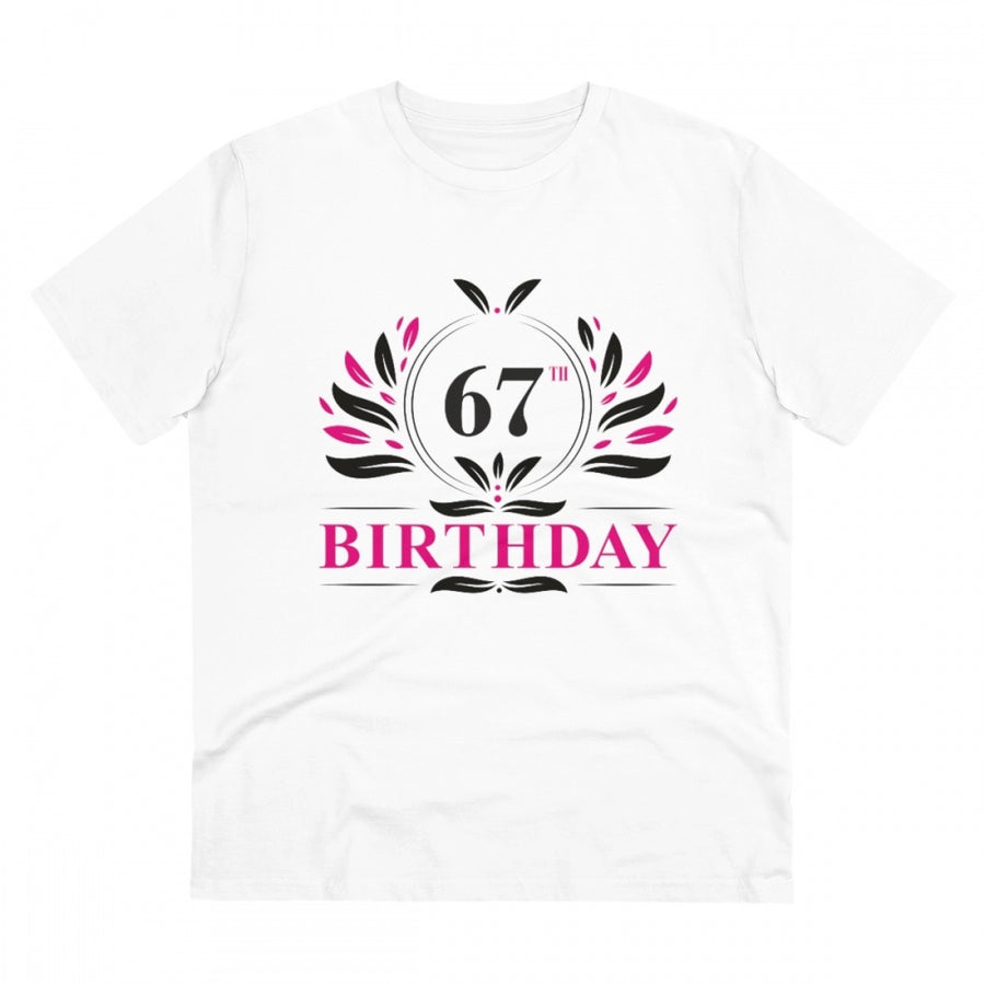 White PC Cotton Men's 67th Birthday Printed Half-Sleeve T-Shirt, round neck, suitable for casual occasions