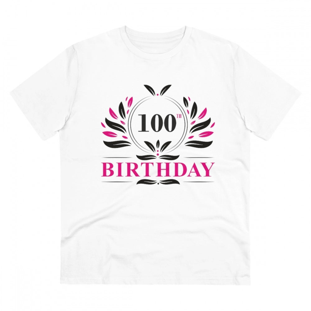 White PC cotton 100th birthday printed men's t-shirt with half sleeves, round neck, 180GSM thread count - casual occasion wear